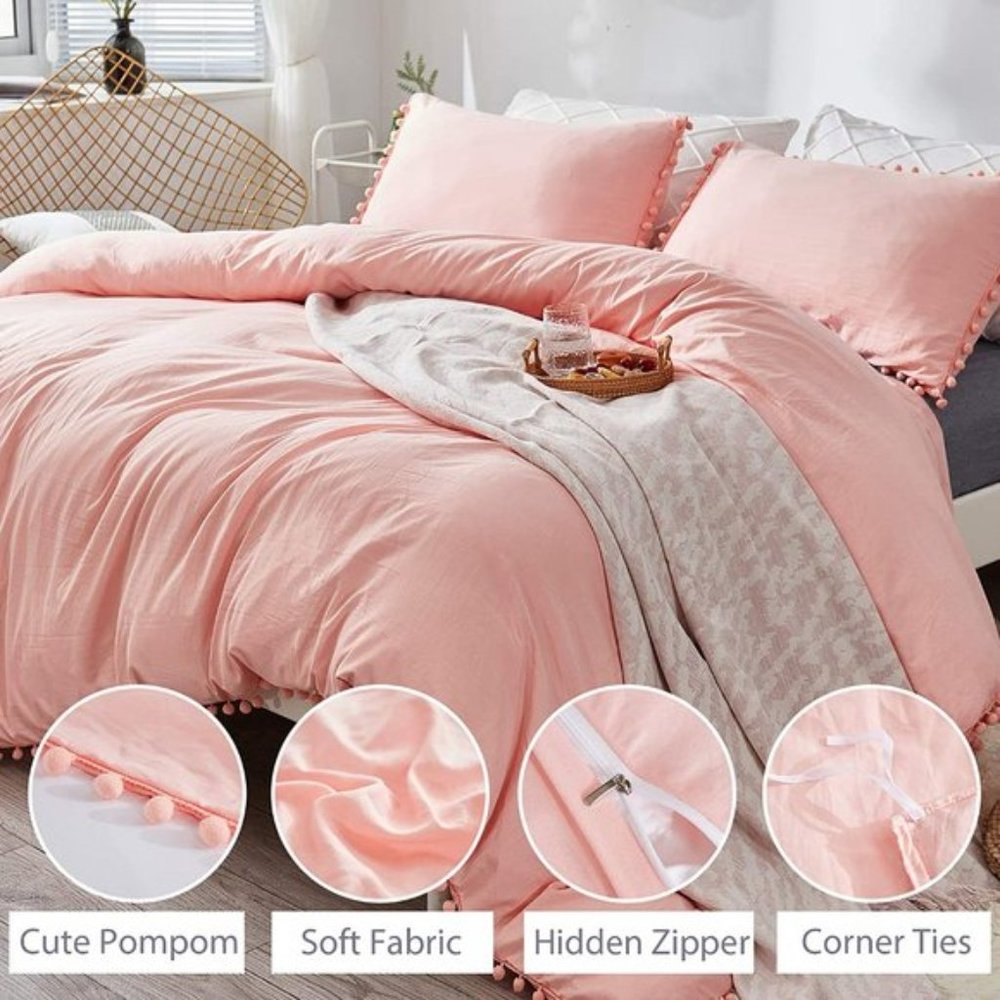 UO 3 Pieces Queen Peach Pom Pom Fringe Duvet Cover - Picture 2 of 8